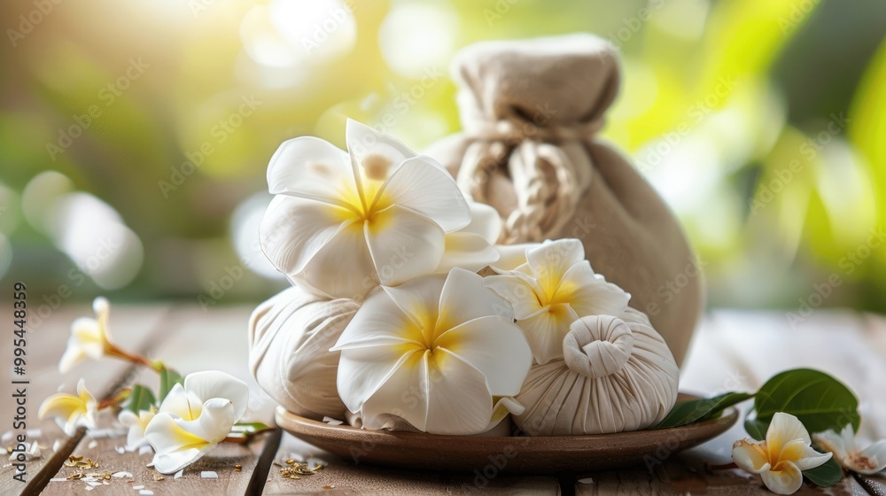 Floral Plumeria with herbal compress displayed on wooden surface Floral Plumeria with herbal compress displayed on wooden surface