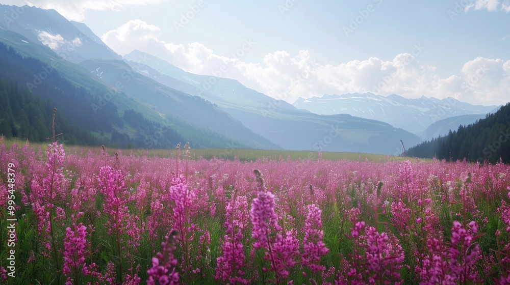Obraz premium Swiss rural setting Field of fireweeds