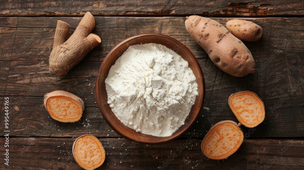 Top view of sweet potato starch in bowl on wooden table Top view of sweet potato starch in bowl on wooden table
