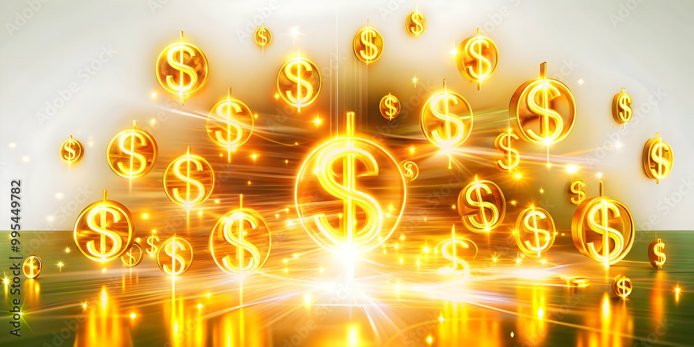 Fototapeta premium Flat Glowing Abstract Cash Flow Art with Floating Dollar Signs - Vibrant Vector Design for Financial Services and Digital Marketing