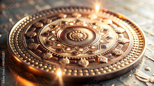 Futuristic 3D Macro Shot of Bhai Dooj Coin: Glowing Inscriptions & Intricate Textures on Isolated White Background