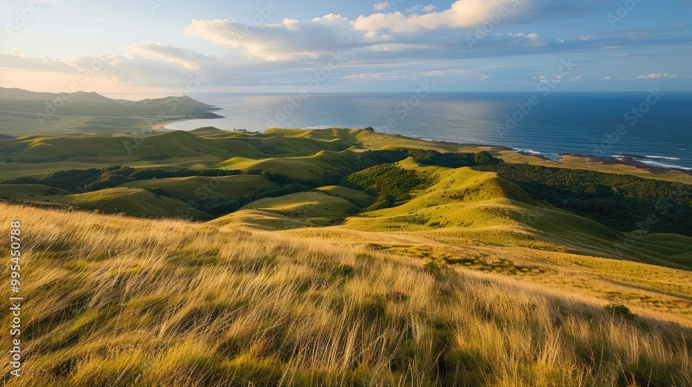Obraz premium The stunning scenery of grasslands and hills leading to the ocean