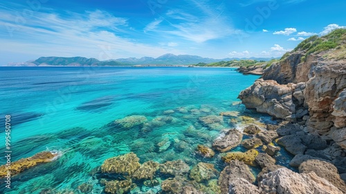 Summer seascape view with beautiful blue ocean and rocky shoreline