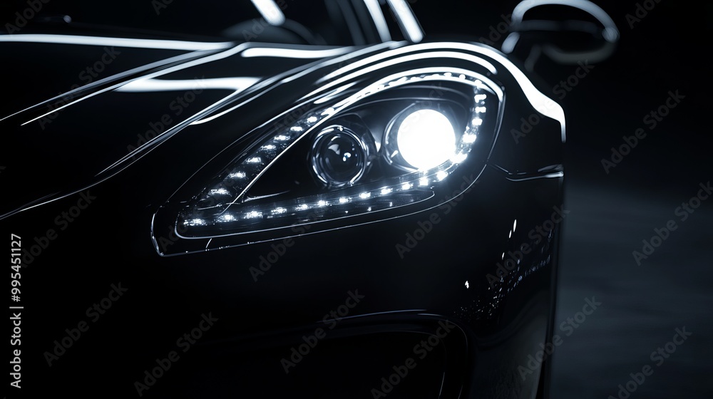 Car headlights illuminate the darkness with their powerful beams ...