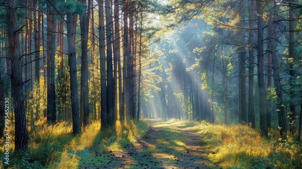 Obraz premium Sunlight filters through pine forest casting light on path