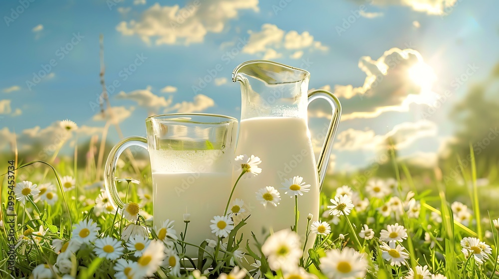 Milk in a jug and glass on the grass with daisies