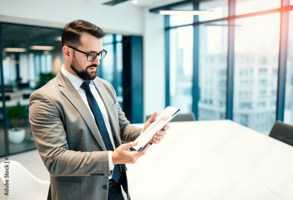 Businessman in modern office analyzing sales data on tablet aimi