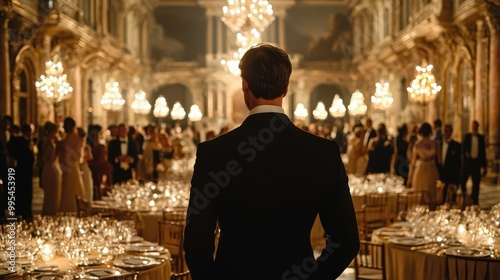 A man stands in front of a large group of people at a fancy dinner party