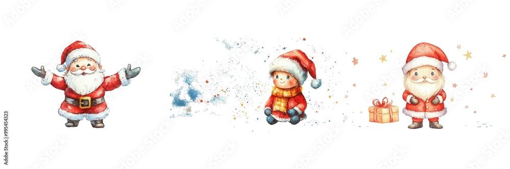 Watercolor Kid Santa, A festive collection of cheerful Santa characters celebrating the joy of Christmas, isolated on a white background. Isolate white background set Watercolor Kid Santa, A festive collection of cheerful Santa characters celebrating the joy of Christmas, isolated on a white background. Isolate white background set