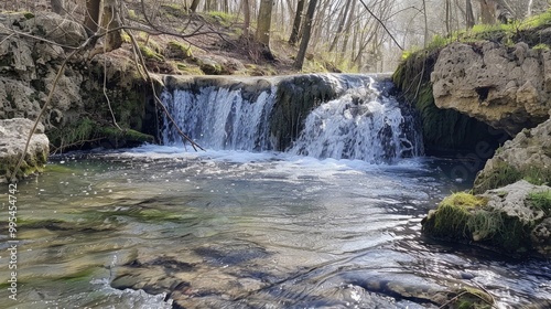 Scenic small waterfalls and streams in a village forest with clear water