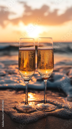 Beach Sunset Celebration with Elegant Champagne Toast by the Ocean  