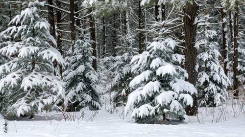 Snow covering pine trees in winter