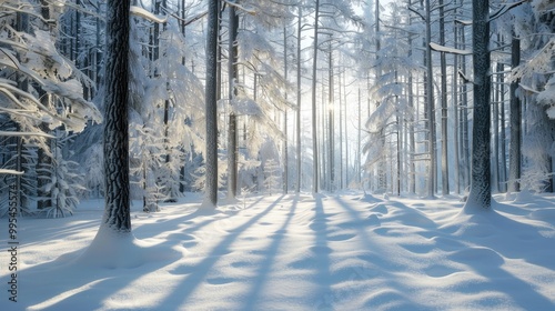 Snow covered woodland scene in cold winter photo