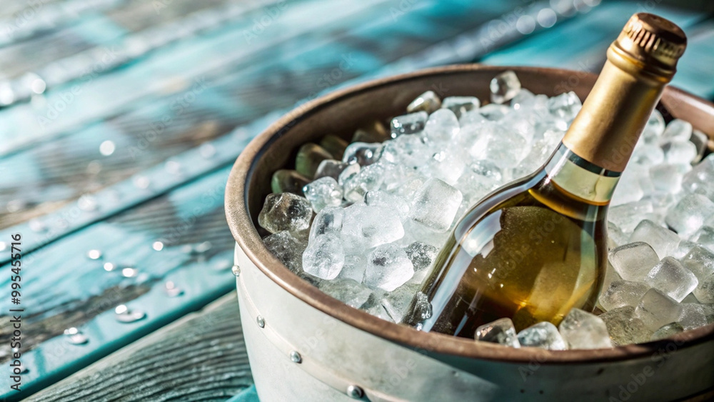 chilled bottle of white wine rests in ice bucket, surrounded by ice cubes, creating refreshing and inviting atmosphere. Perfect for gatherings or celebrations chilled bottle of white wine rests in ice bucket, surrounded by ice cubes, creating refreshing and inviting atmosphere. Perfect for gatherings or celebrations