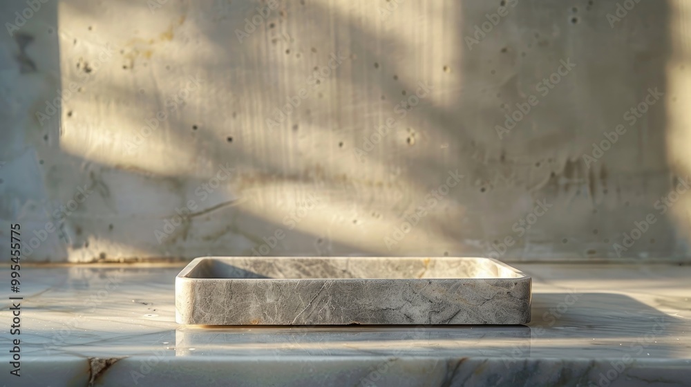 Natural stone storage tray for displaying jewelry and cosmetics in natural light with blurred shadows and herbal summer sunlight as an abstract backdrop for text or ads