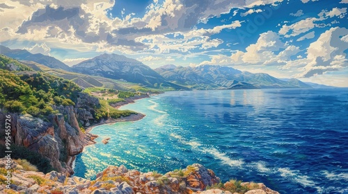 Scenic Summer View Sea and Mountain Landscape