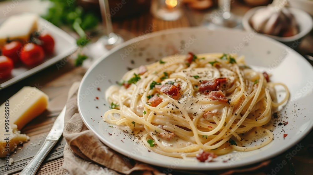 Home made Spaghetti Carbonara served on a table Home made Spaghetti Carbonara served on a table