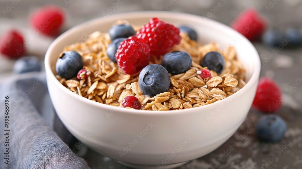Morning Oatmeal with Blueberry and Raspberry in White Bowl Morning Oatmeal with Blueberry and Raspberry in White Bowl