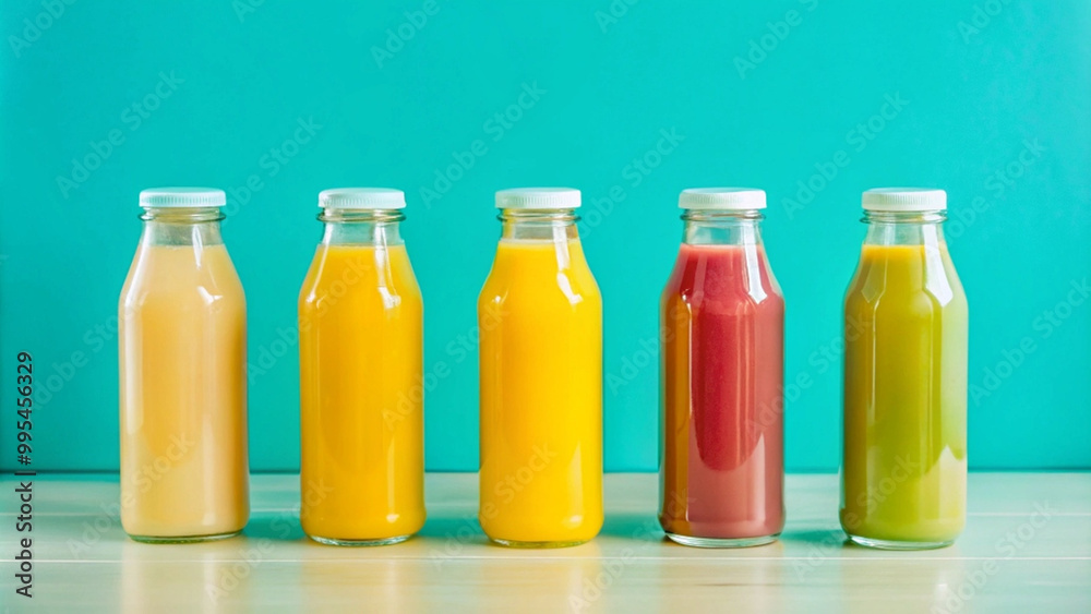 Fresh pressed juices in colorful bottles create vibrant display against turquoise background, showcasing variety of flavors and health benefits Fresh pressed juices in colorful bottles create vibrant display against turquoise background, showcasing variety of flavors and health benefits