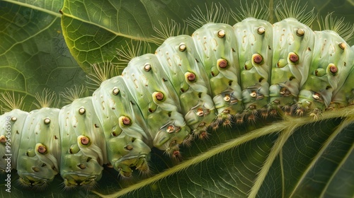 Silkworm feeding on leaves photo