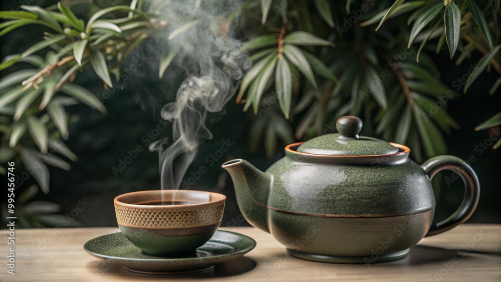 traditional teapot and cup set with steam rising, surrounded by lush greenery, creates serene and inviting atmosphere perfect for enjoying warm beverage traditional teapot and cup set with steam rising, surrounded by lush greenery, creates serene and inviting atmosphere perfect for enjoying warm beverage
