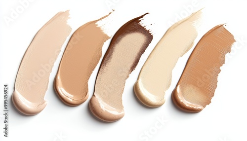 A collection of liquid foundation swatches in soft cream and golden terra tones, blending smoothly into one another.