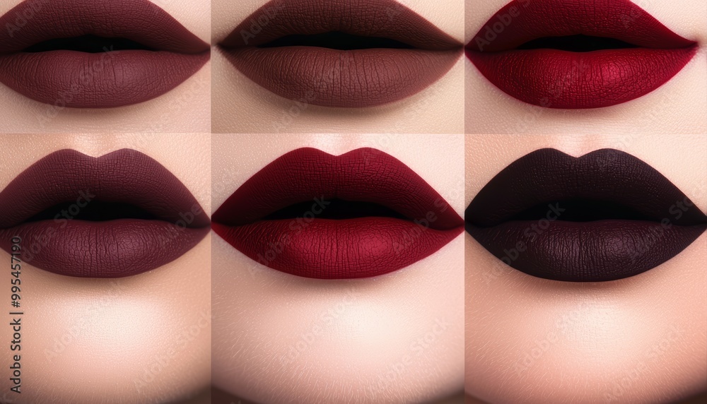 A collection of matte taupe and brick red lipstick swatches, paired with dark lip liner for a retro 90s vibe. A collection of matte taupe and brick red lipstick swatches, paired with dark lip liner for a retro 90s vibe.