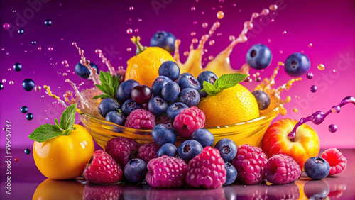 Fresh fruits splashing in water create vibrant scene filled with blueberries, raspberries, and citrus. colorful display evokes sense of joy and refreshment