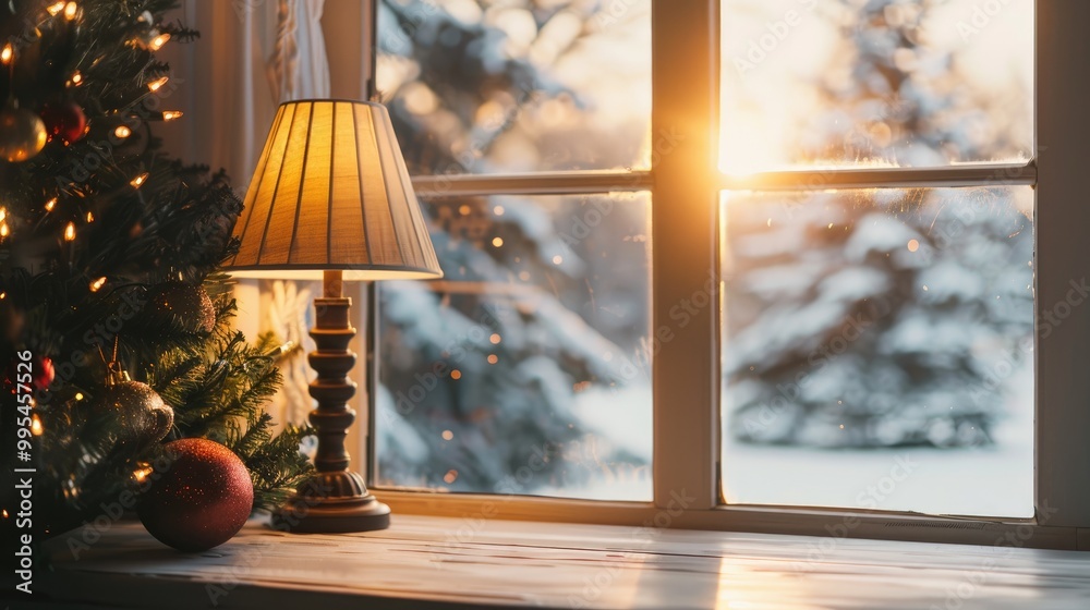 Holiday season with lamp on table against window view Holiday season with lamp on table against window view