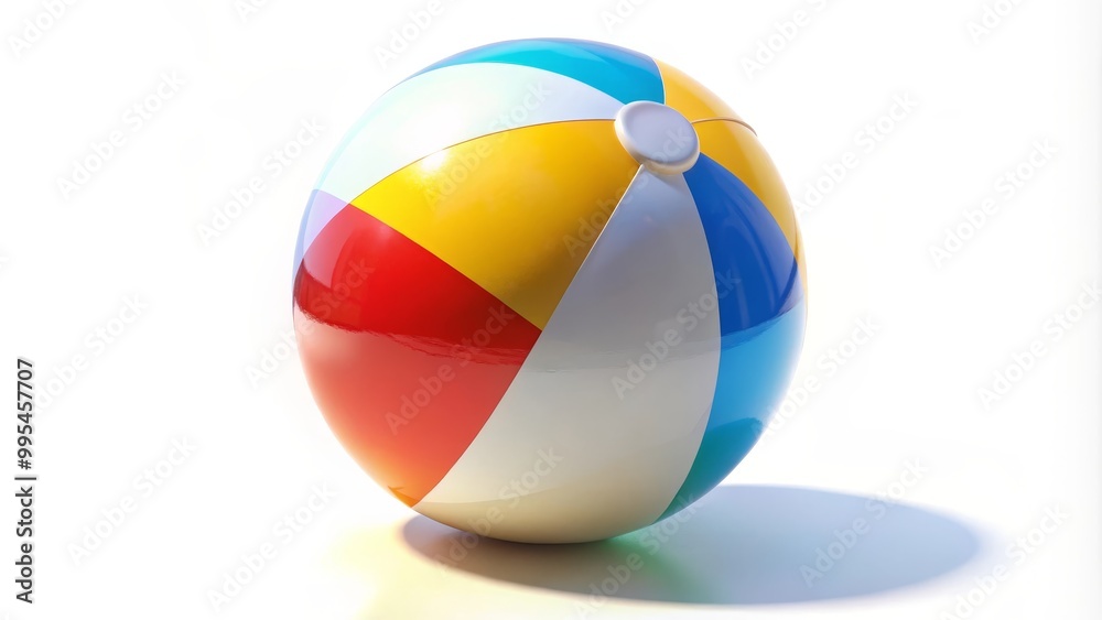 Classic inflatable beach ball with colorful panels is casting a shadow on a white background Classic inflatable beach ball with colorful panels is casting a shadow on a white background