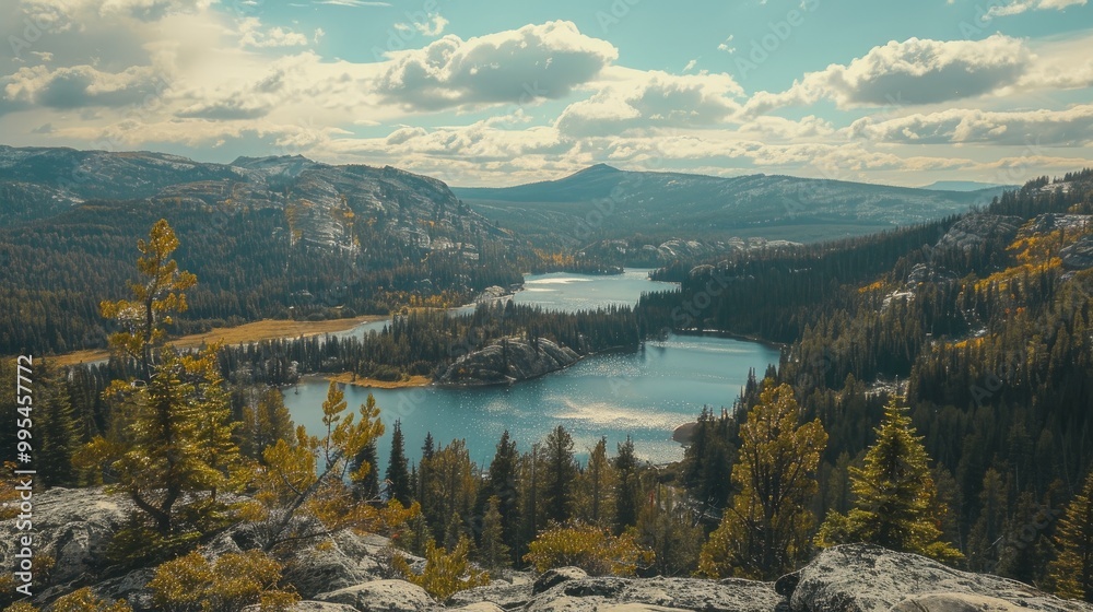 Scenic sight of lakes and trees from peak Scenic sight of lakes and trees from peak