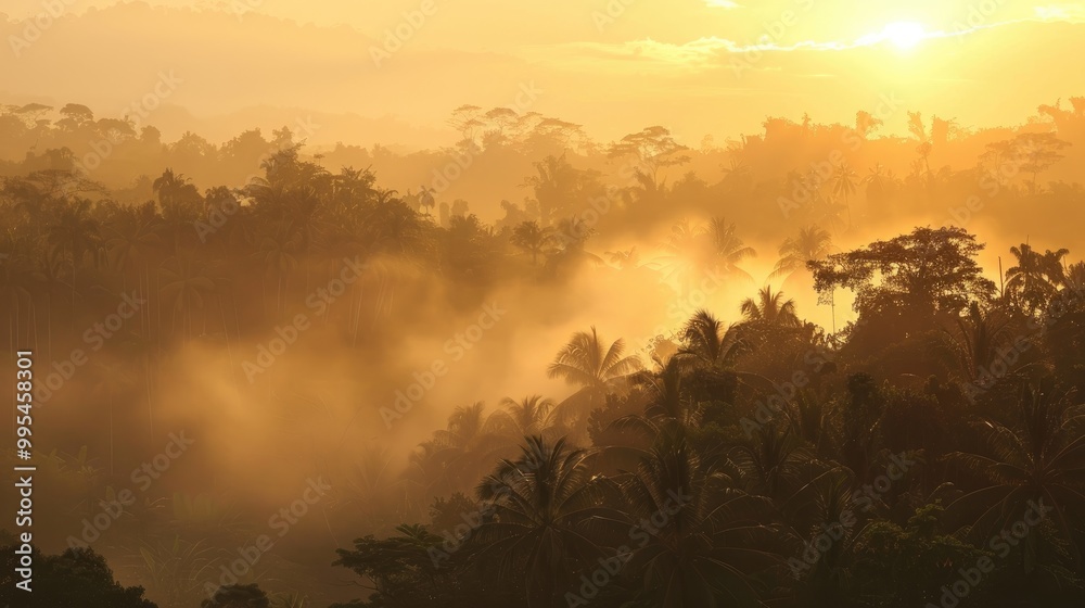 Naklejka premium Morning fog obscures sunrise in tropical rainforest