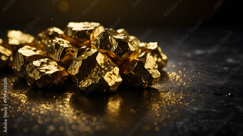 A detailed close-up of raw, shiny gold nuggets on a dark background, symbolizes wealth, investment, and natural resources. A detailed close-up of raw, shiny gold nuggets on a dark background, symbolizes wealth, investment, and natural resources.