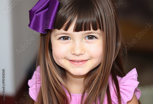 A little girl with long straight brown hair and a bow wearing a