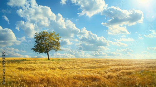 Small tree and vast golden field under sunny sky with clouds