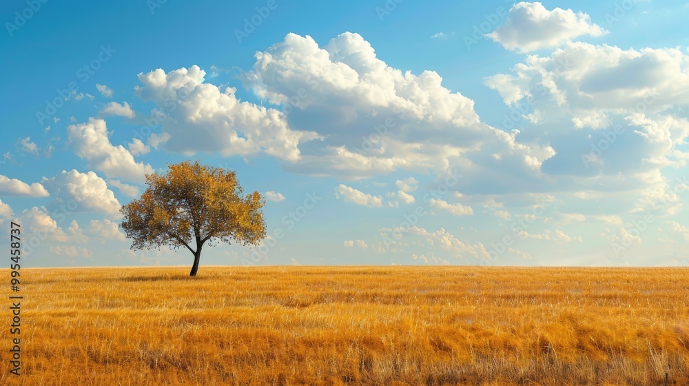 Small tree and vast golden field under sunny sky with clouds Small tree and vast golden field under sunny sky with clouds