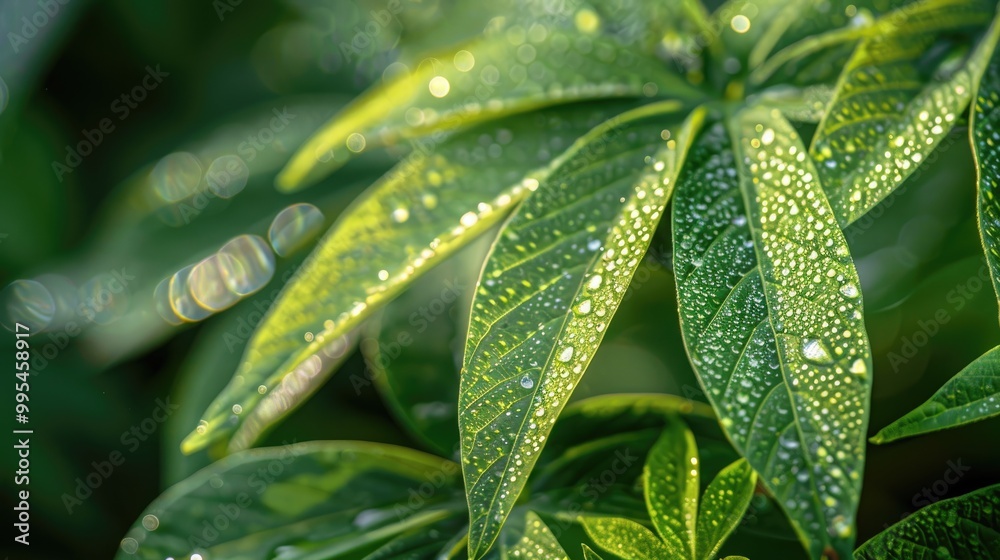 Morning dew on cassava leaves captured in macro photography Morning dew on cassava leaves captured in macro photography