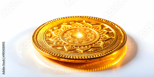 3D Macro Shot of Futuristic Bhai Dooj Coin with Glowing Inscriptions and Intricate Textures, Captured with Slow Zoom on White Background