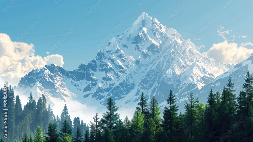 Fototapeta premium Snowy mountain peak with forest and blue sky