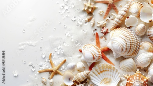 Sea shells background isolated on white with light colors photo