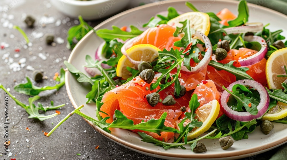 Smoked salmon salad with onion capers lemon arugula and rocket Smoked salmon salad with onion capers lemon arugula and rocket