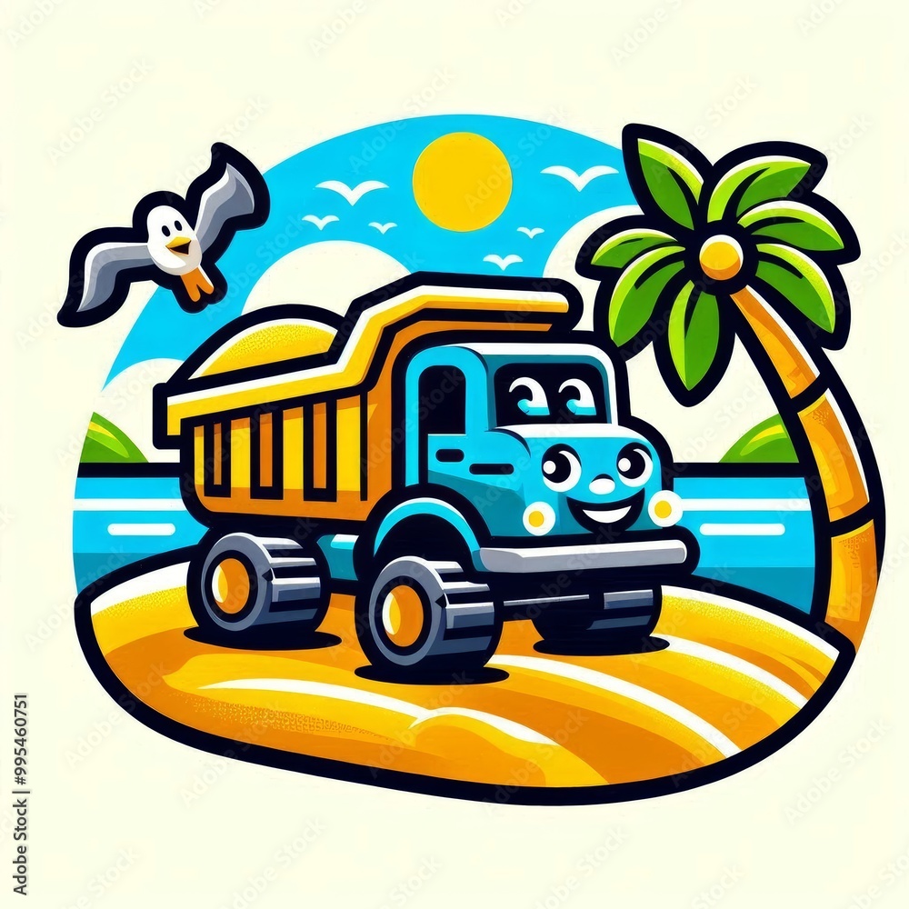 Naklejka premium tropical island with palm trees and dump truck