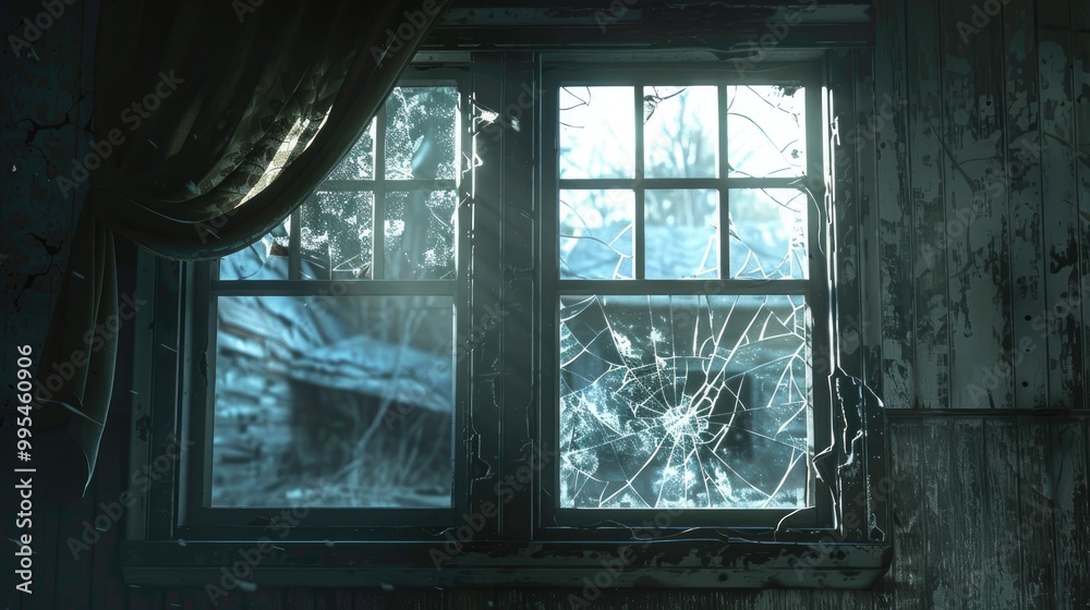 Fototapeta premium Shattered window in abandoned house scene