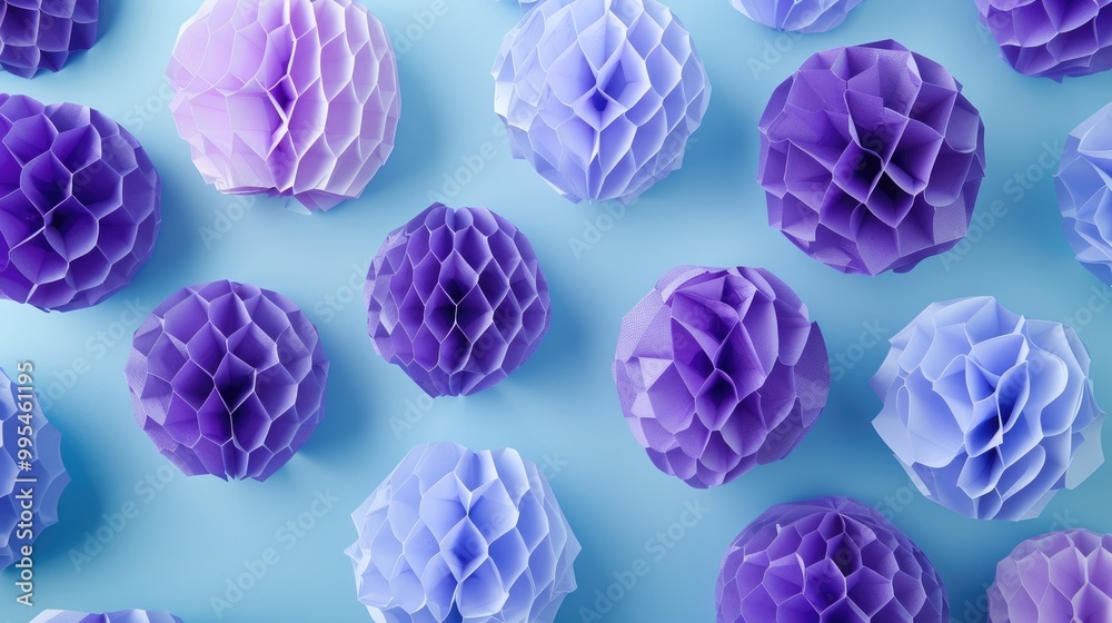 Honeycomb paper decoration in purple on blue background conveys happiness and celebration Honeycomb paper decoration in purple on blue background conveys happiness and celebration