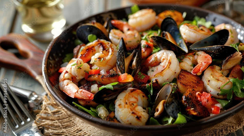 Seafood salad featuring shrimp mussels and scallops in shells Seafood salad featuring shrimp mussels and scallops in shells