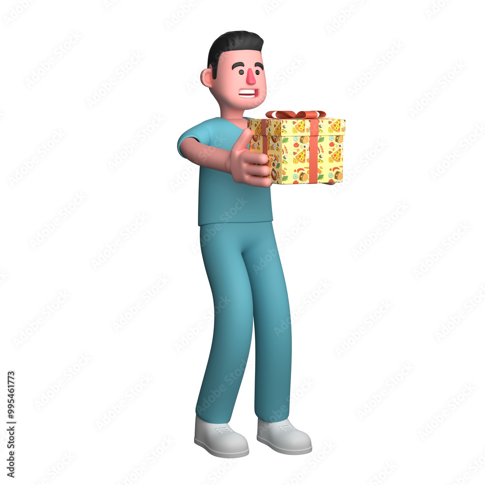 3D Male Nurse Character in Action. A male nurse is seen standing while holding a gift with a red ribbon in both of his hands. Professional 3D Male Nurse Character in Action. A male nurse is seen standing while holding a gift with a red ribbon in both of his hands. Professional