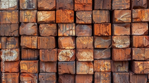 Red clay bricks arranged in an orderly fashion to form a wall photo