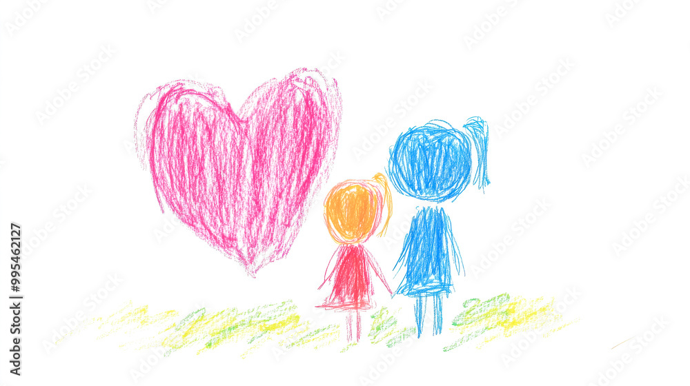 Two girls holding hands with big colorful heart drawing Two girls holding hands with big colorful heart drawing