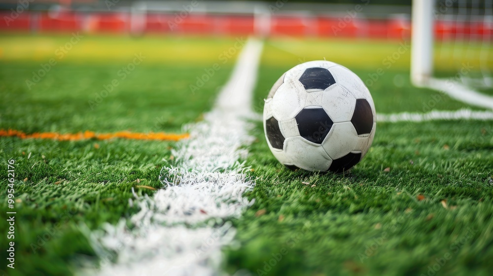 Soccer ball on field for kickoff or throw in with white line Soccer ball on field for kickoff or throw in with white line