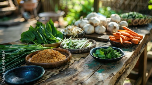 Ingredients for Asian raw food on rustic outdoor setting